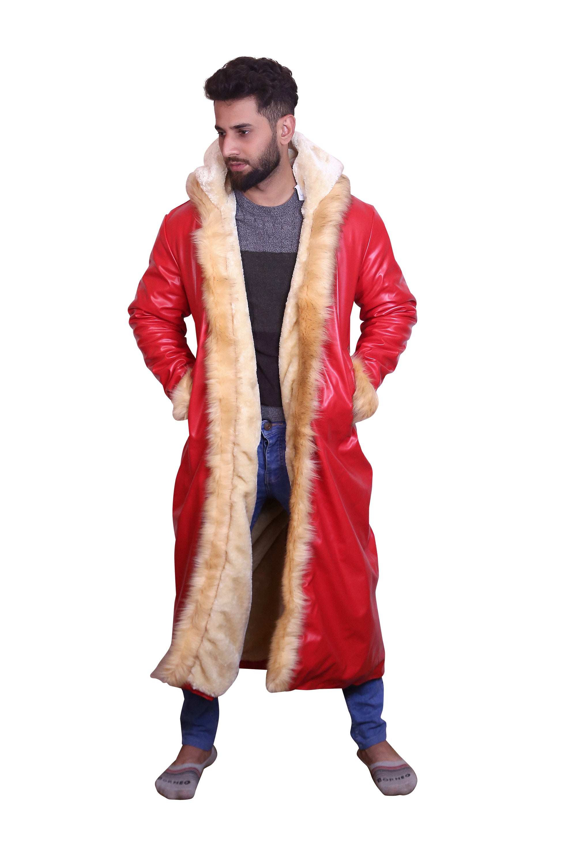 Ho Ho Ho: Premium Men's Santa Claus Fur-Trimmed Red Leather Coat