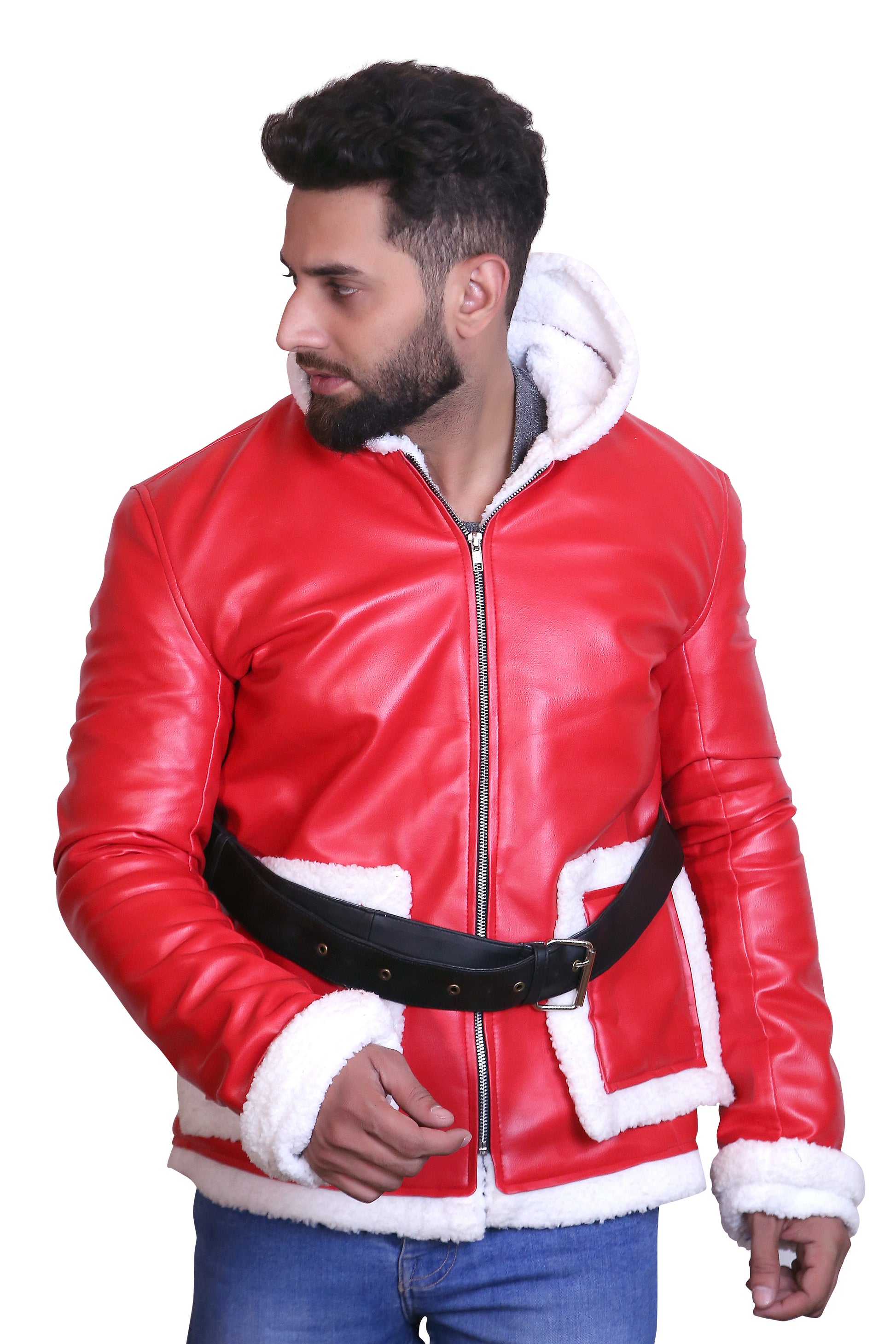 Jolly Rider: Men's Hooded Red Christmas Biker Jacket with Faux Fur Trim