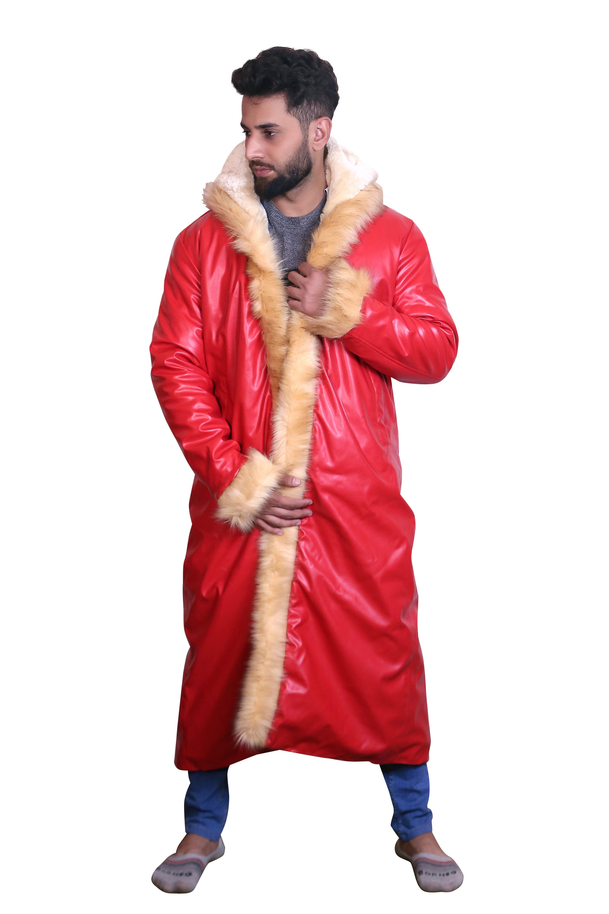 Ho Ho Ho: Premium Men's Santa Claus Fur-Trimmed Red Leather Coat