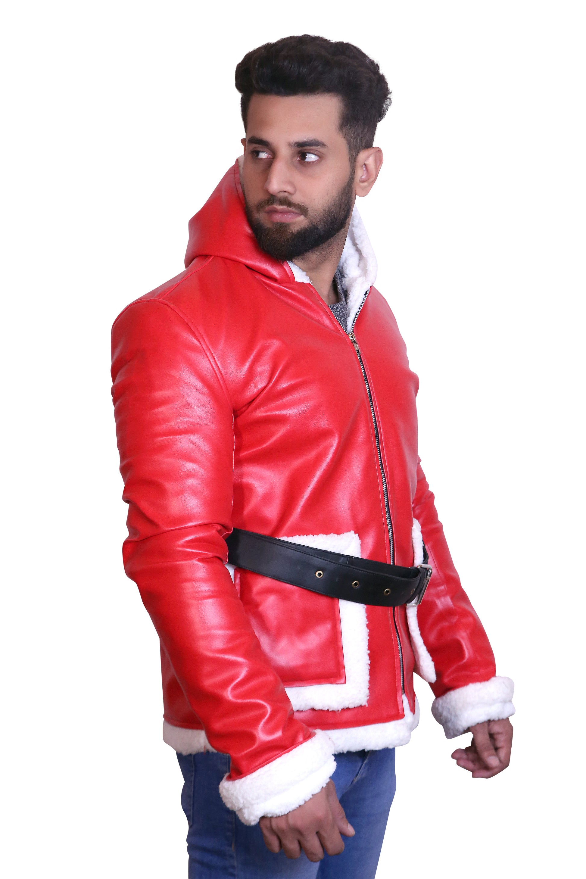 Jolly Rider: Men's Hooded Red Christmas Biker Jacket with Faux Fur Trim