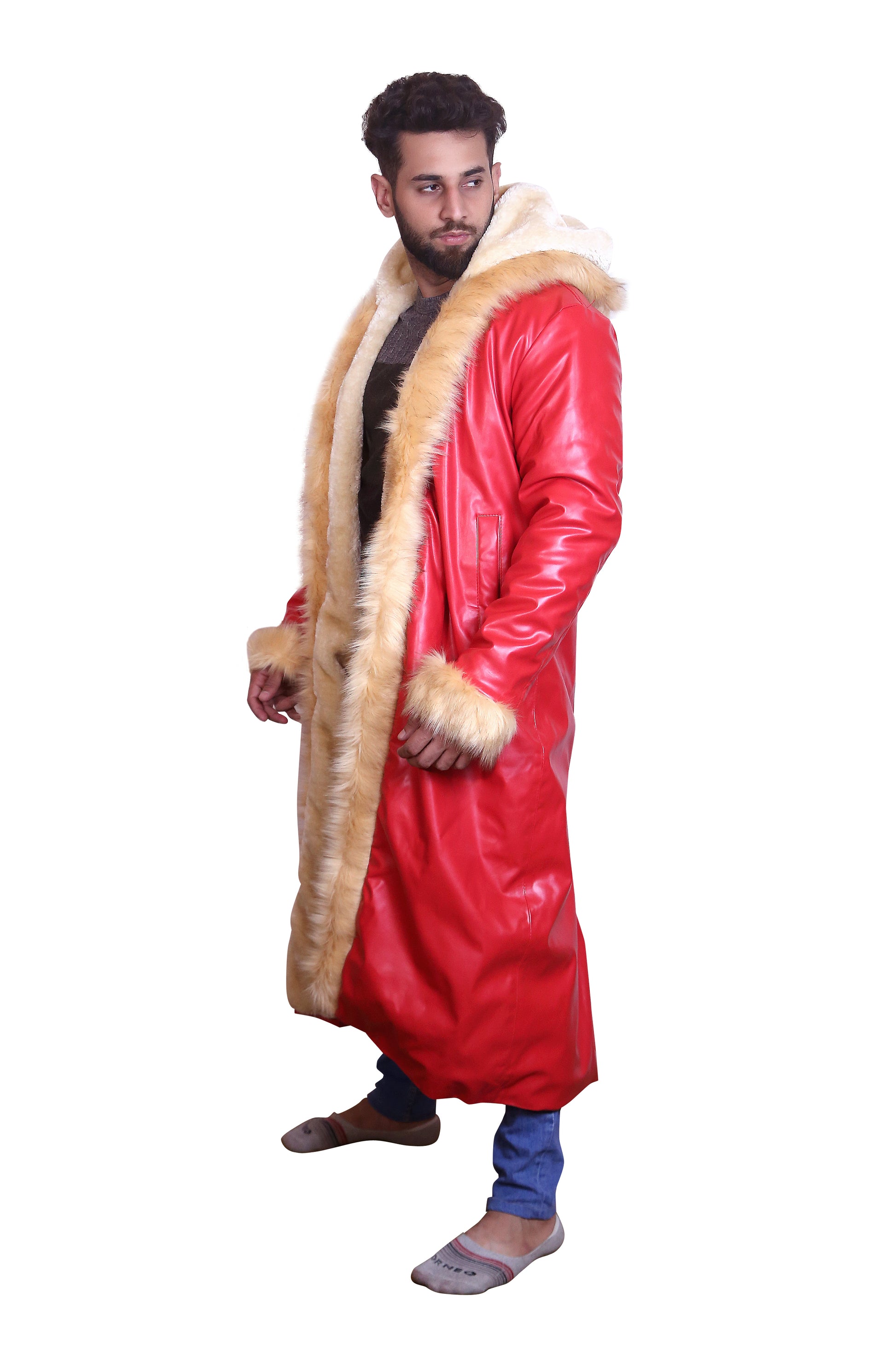 Ho Ho Ho: Premium Men's Santa Claus Fur-Trimmed Red Leather Coat