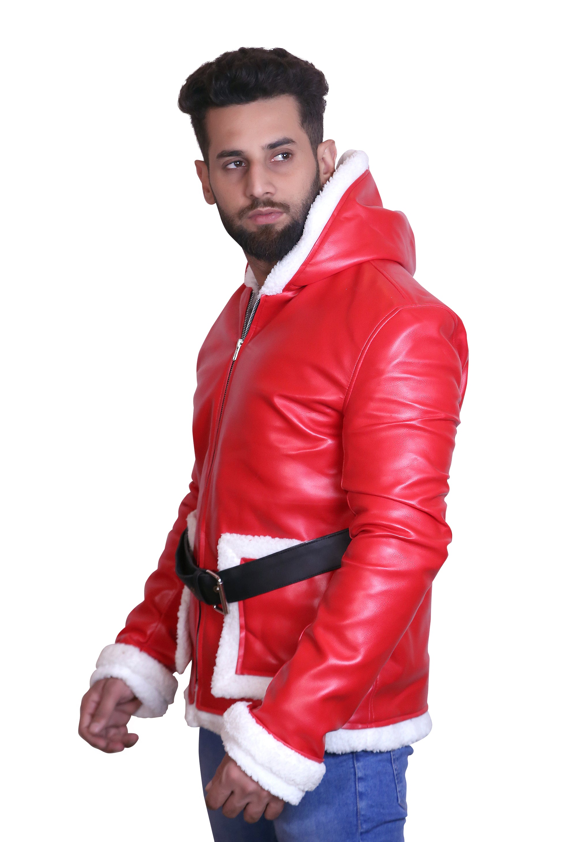 Jolly Rider: Men's Hooded Red Christmas Biker Jacket with Faux Fur Trim