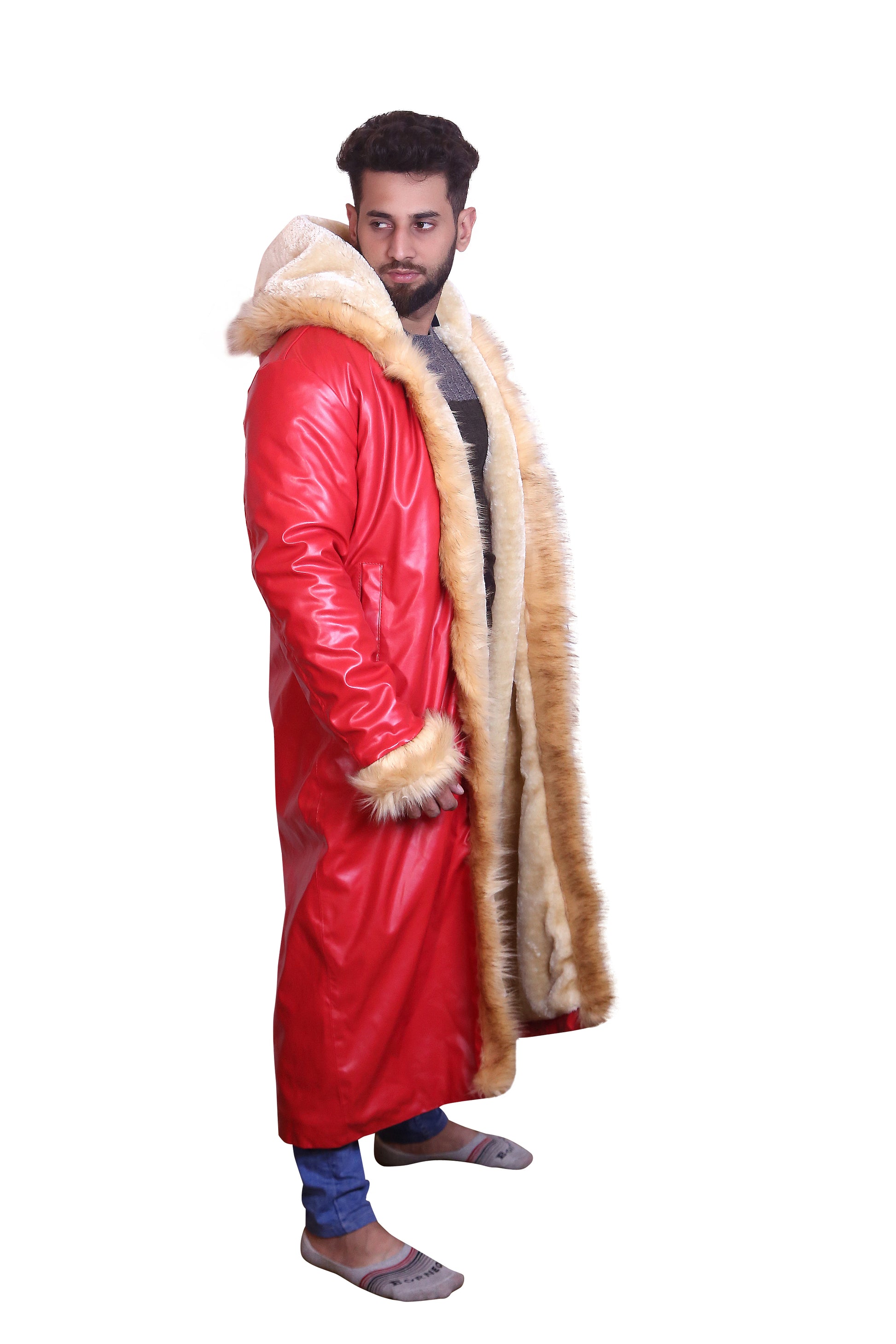Ho Ho Ho: Premium Men's Santa Claus Fur-Trimmed Red Leather Coat