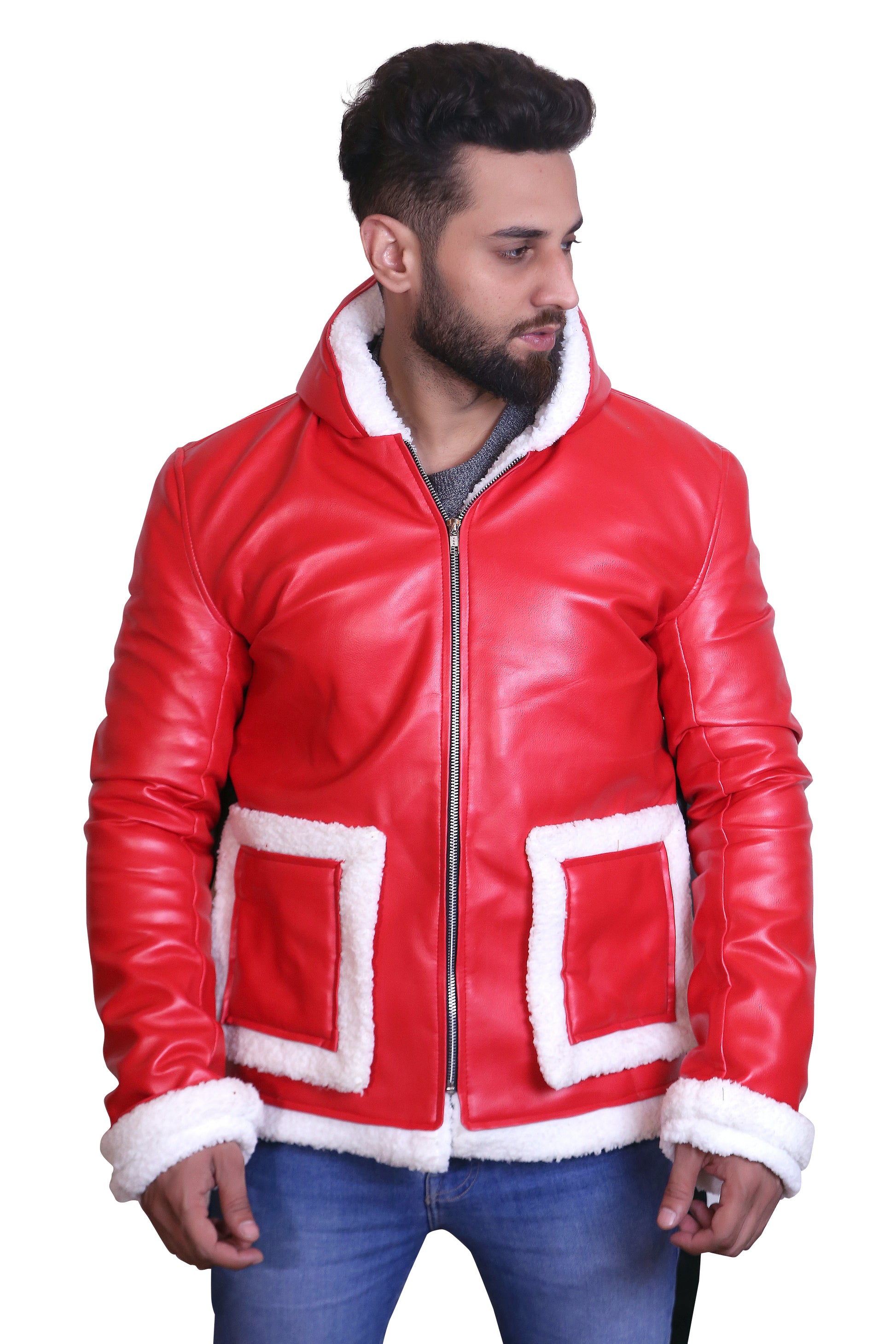 Jolly Rider: Men's Hooded Red Christmas Biker Jacket with Faux Fur Trim