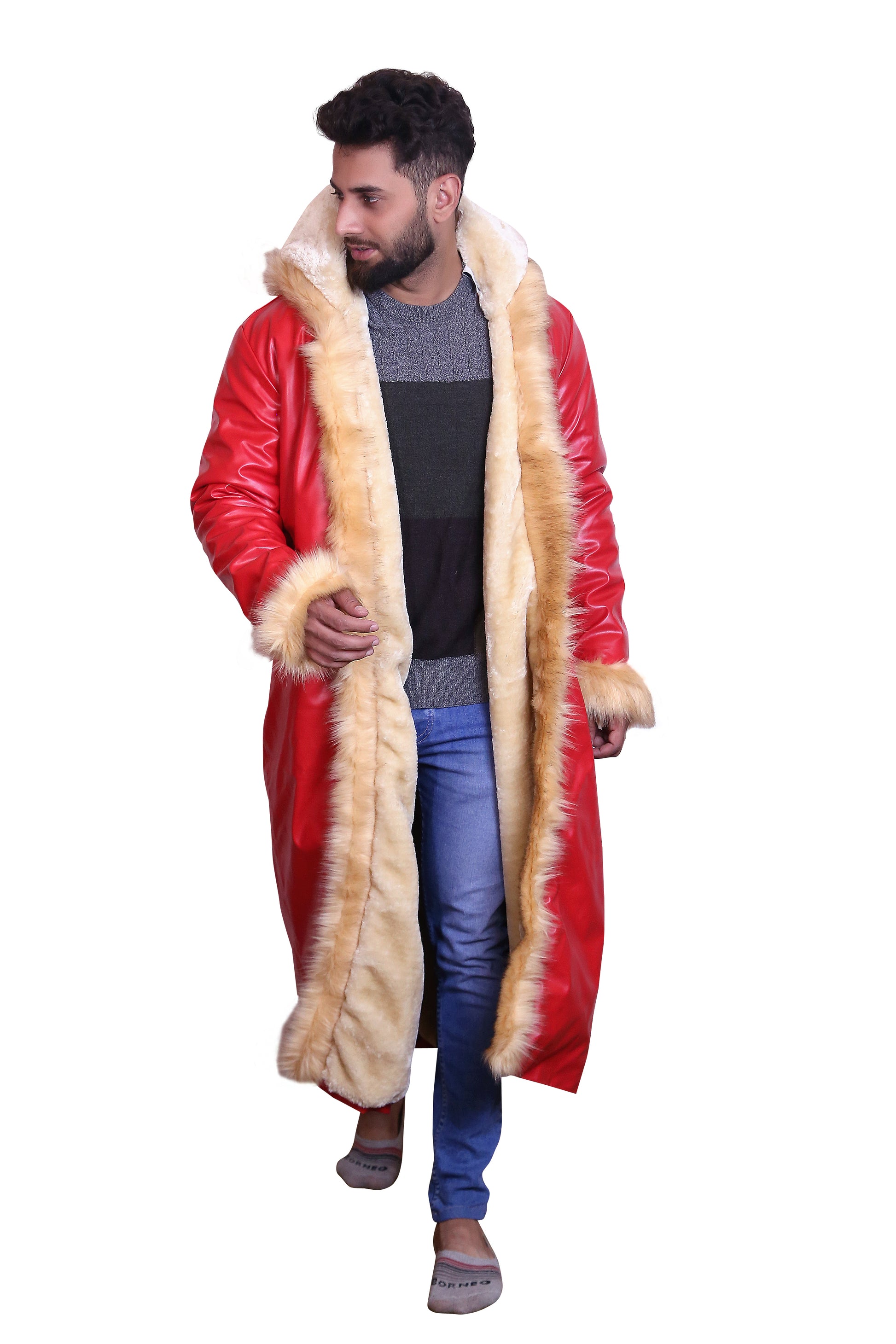 Ho Ho Ho: Premium Men's Santa Claus Fur-Trimmed Red Leather Coat
