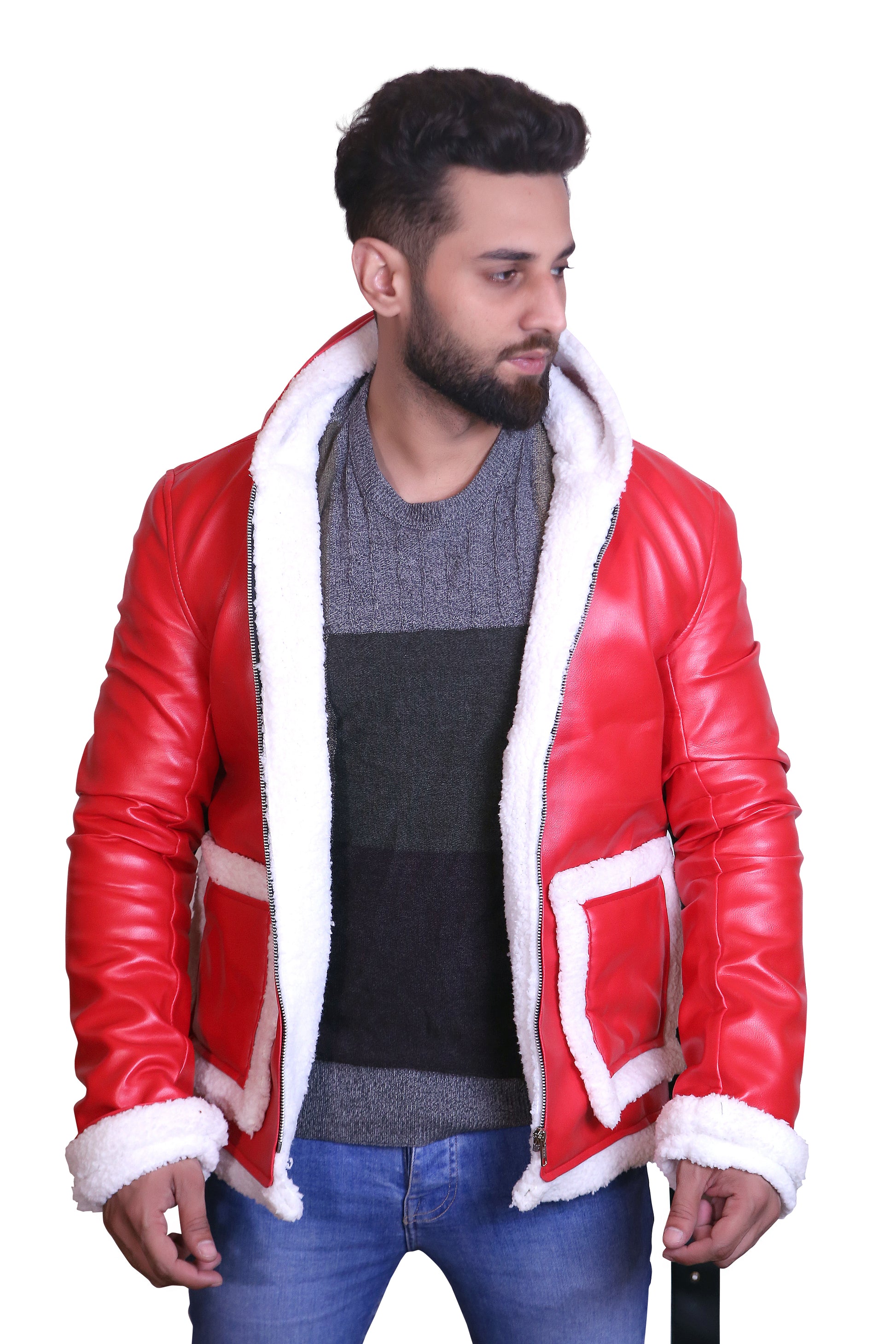 Jolly Rider: Men's Hooded Red Christmas Biker Jacket with Faux Fur Trim