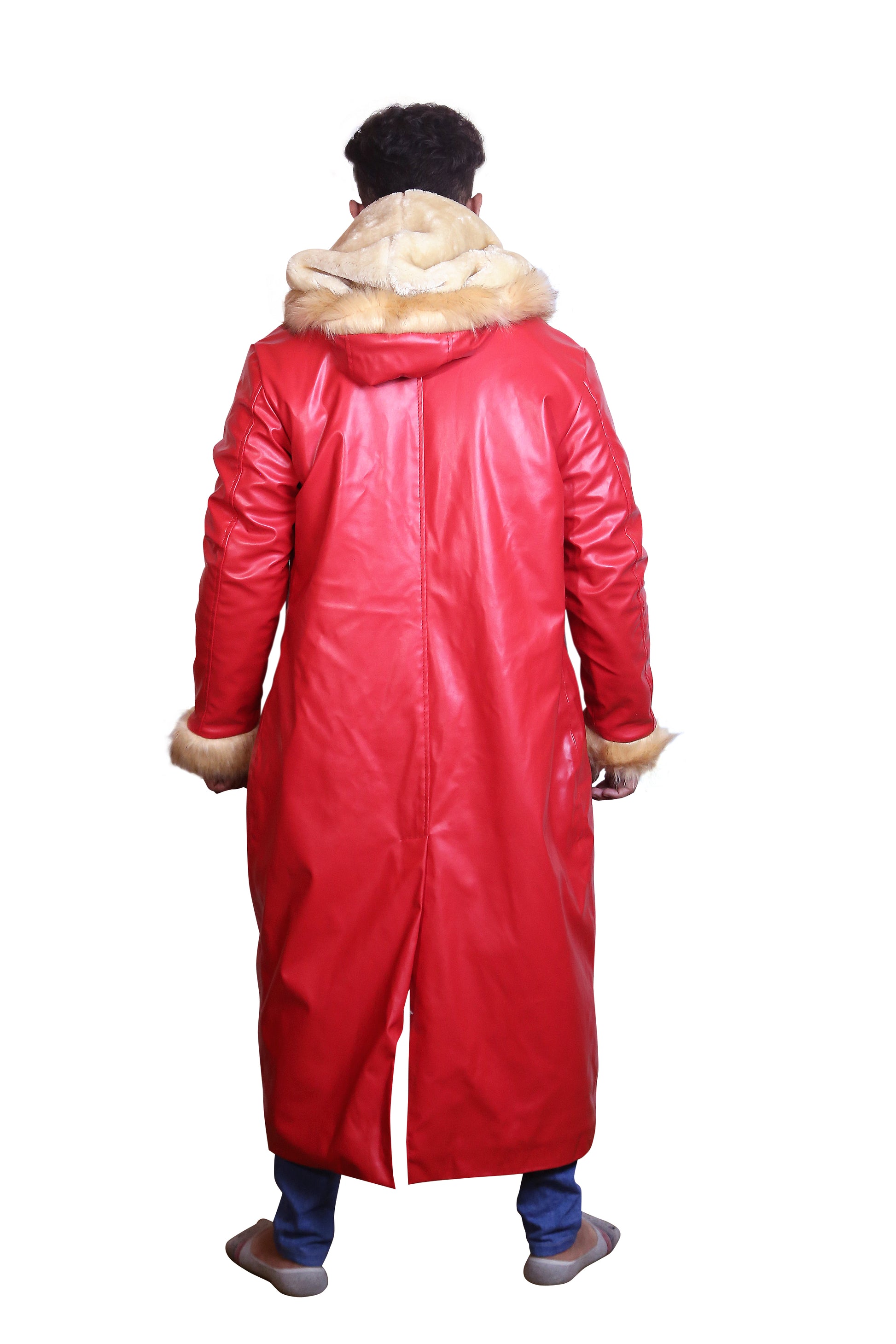 Ho Ho Ho: Premium Men's Santa Claus Fur-Trimmed Red Leather Coat