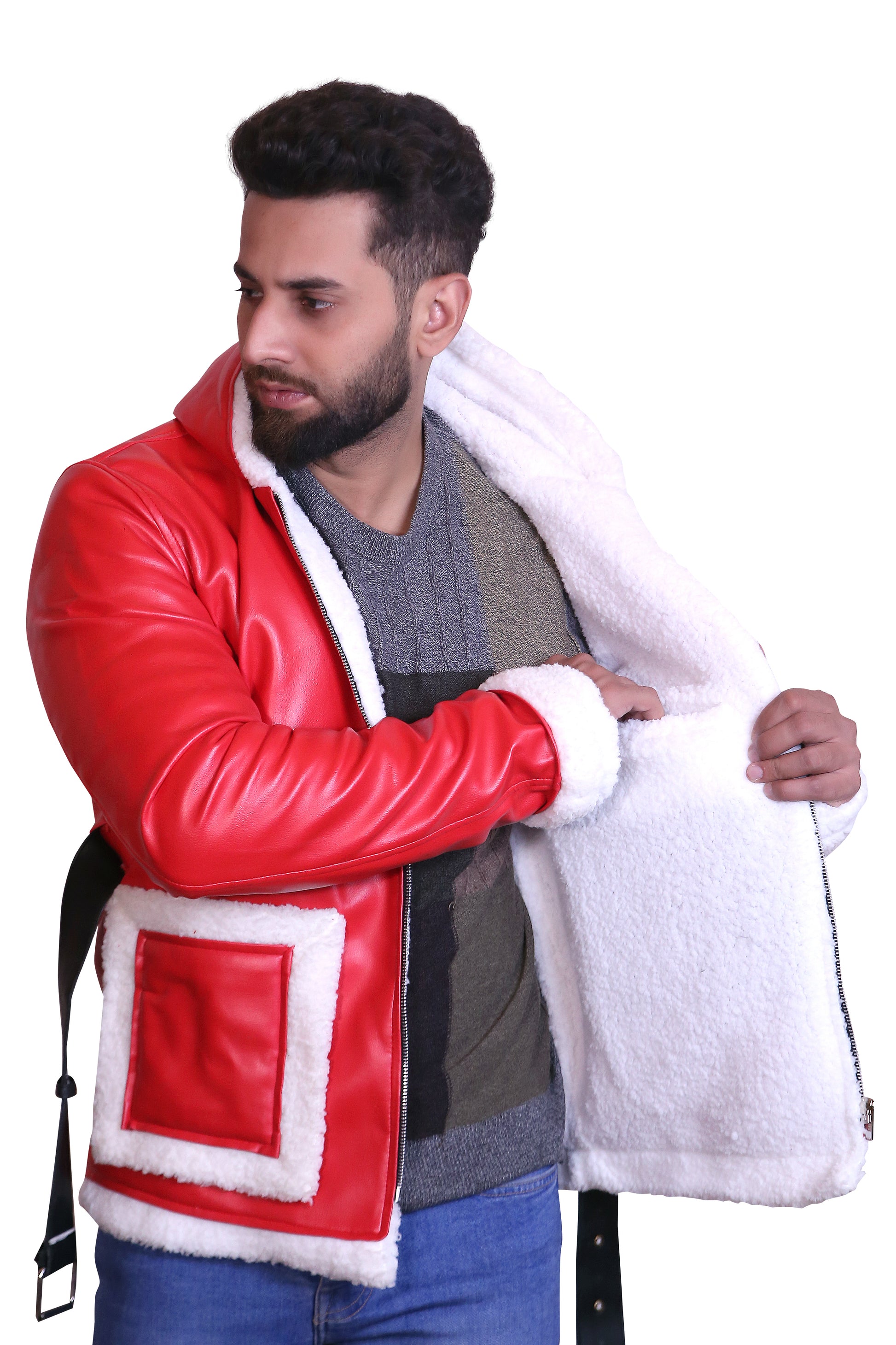 Jolly Rider: Men's Hooded Red Christmas Biker Jacket with Faux Fur Trim
