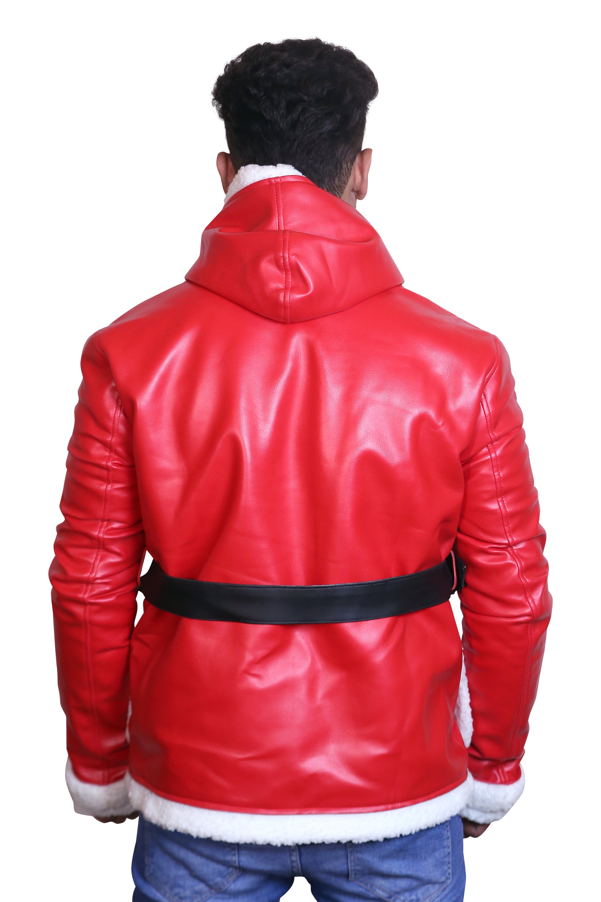Jolly Rider: Men's Hooded Red Christmas Biker Jacket with Faux Fur Trim