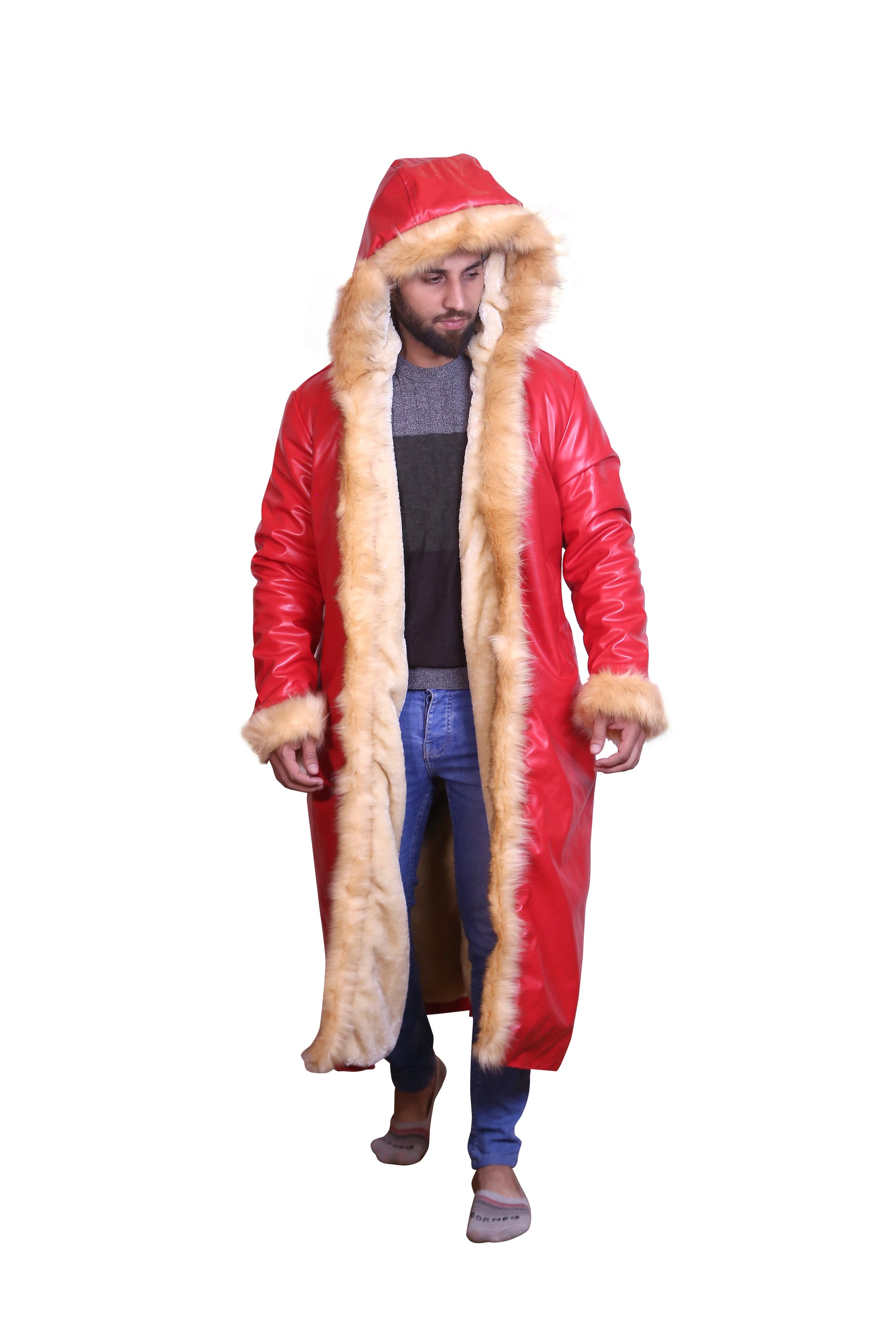 Ho Ho Ho: Premium Men's Santa Claus Fur-Trimmed Red Leather Coat