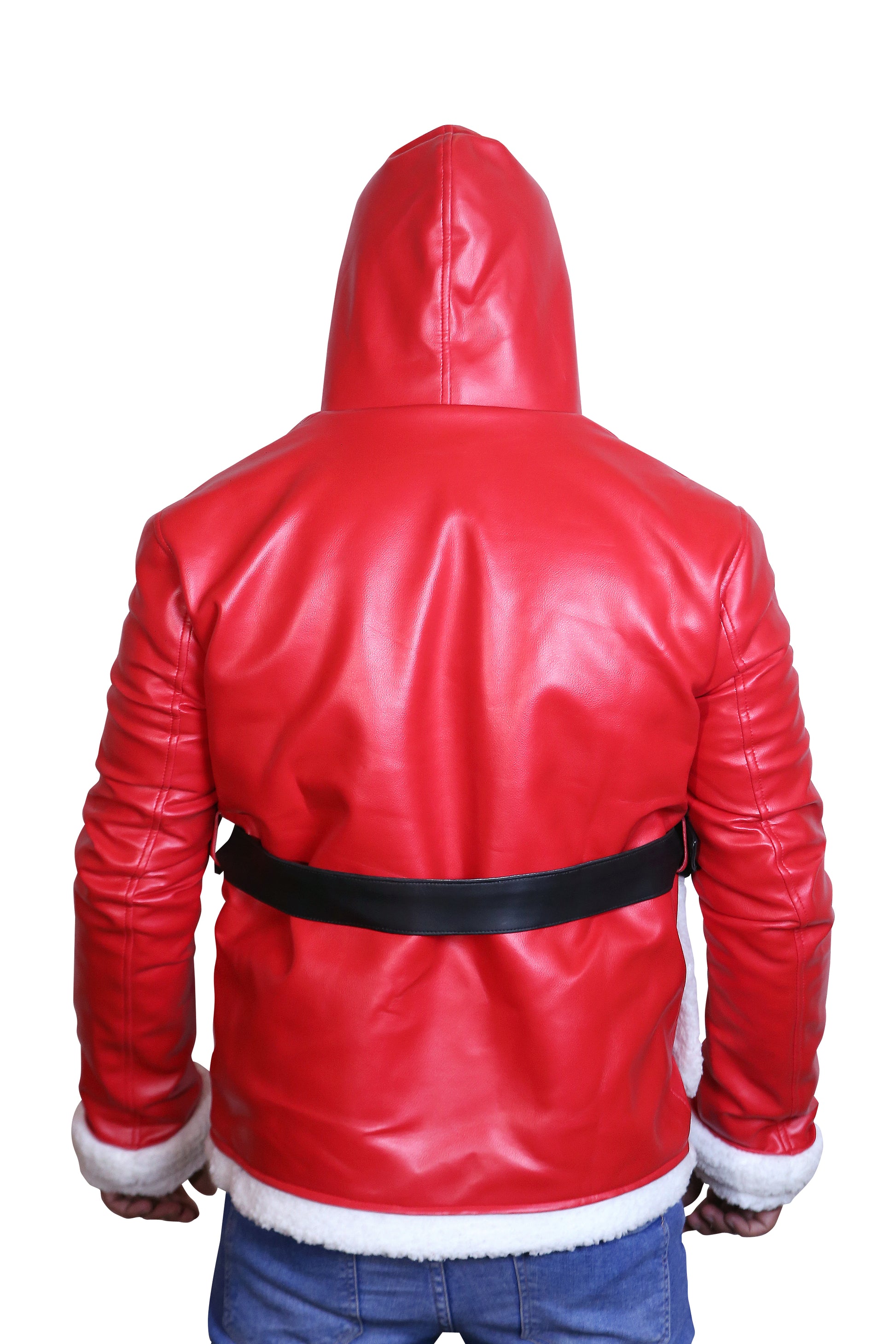 Jolly Rider: Men's Hooded Red Christmas Biker Jacket with Faux Fur Trim