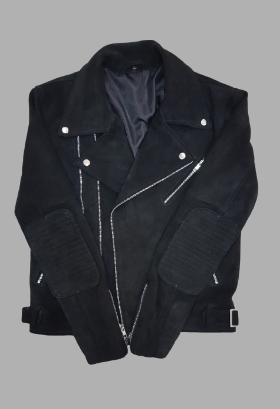 Supreme Texture: Men's Black Suede Double Rider Biker Jacket with Quilted Elbows