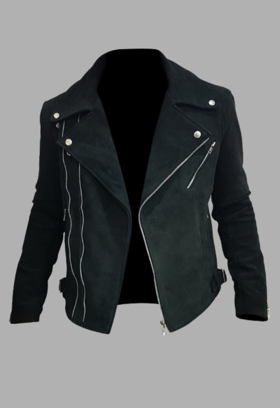 Supreme Texture: Men's Black Suede Double Rider Biker Jacket with Quilted Elbows