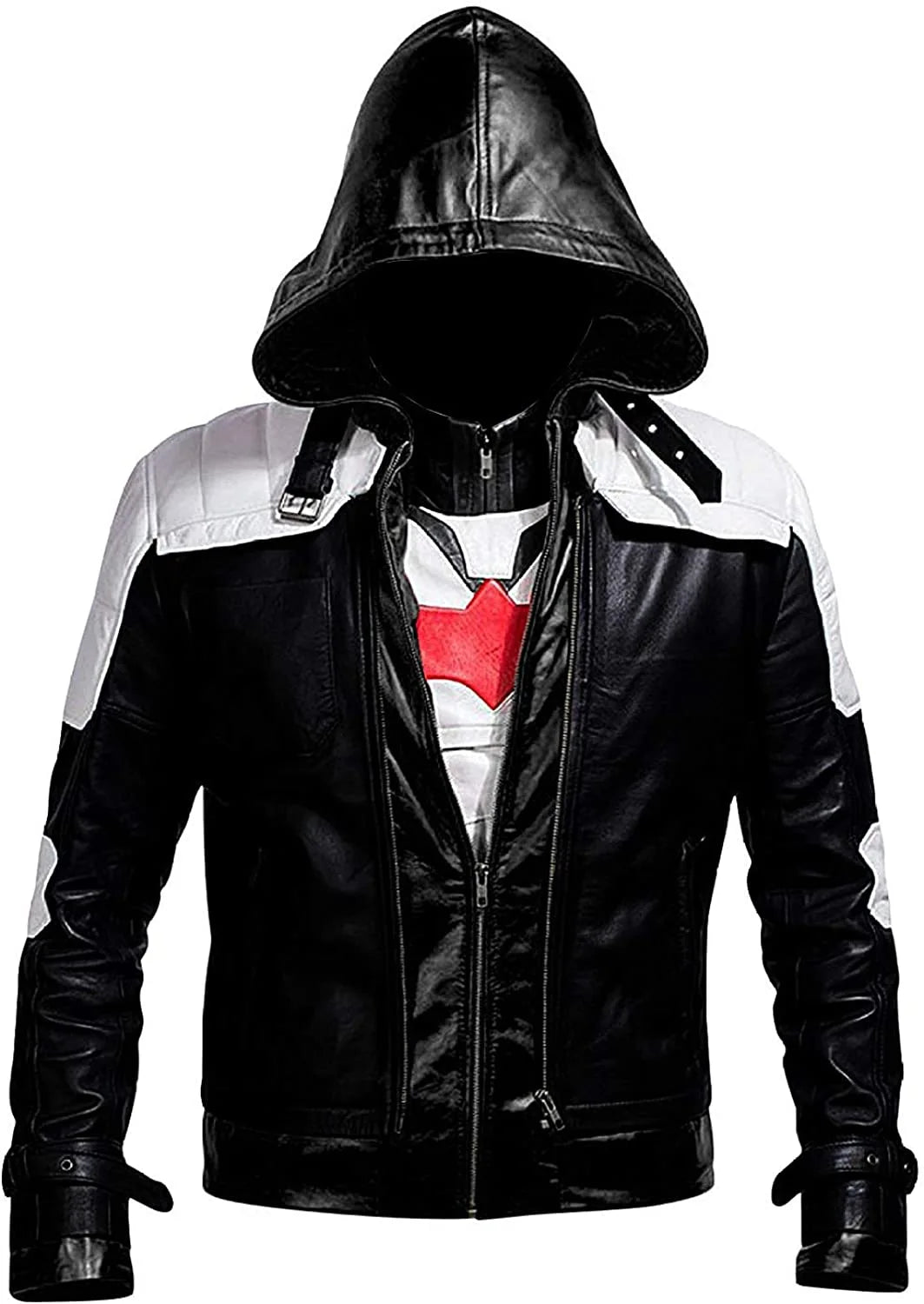 Red Hood Black & White Hooded Leather Biker Jacket