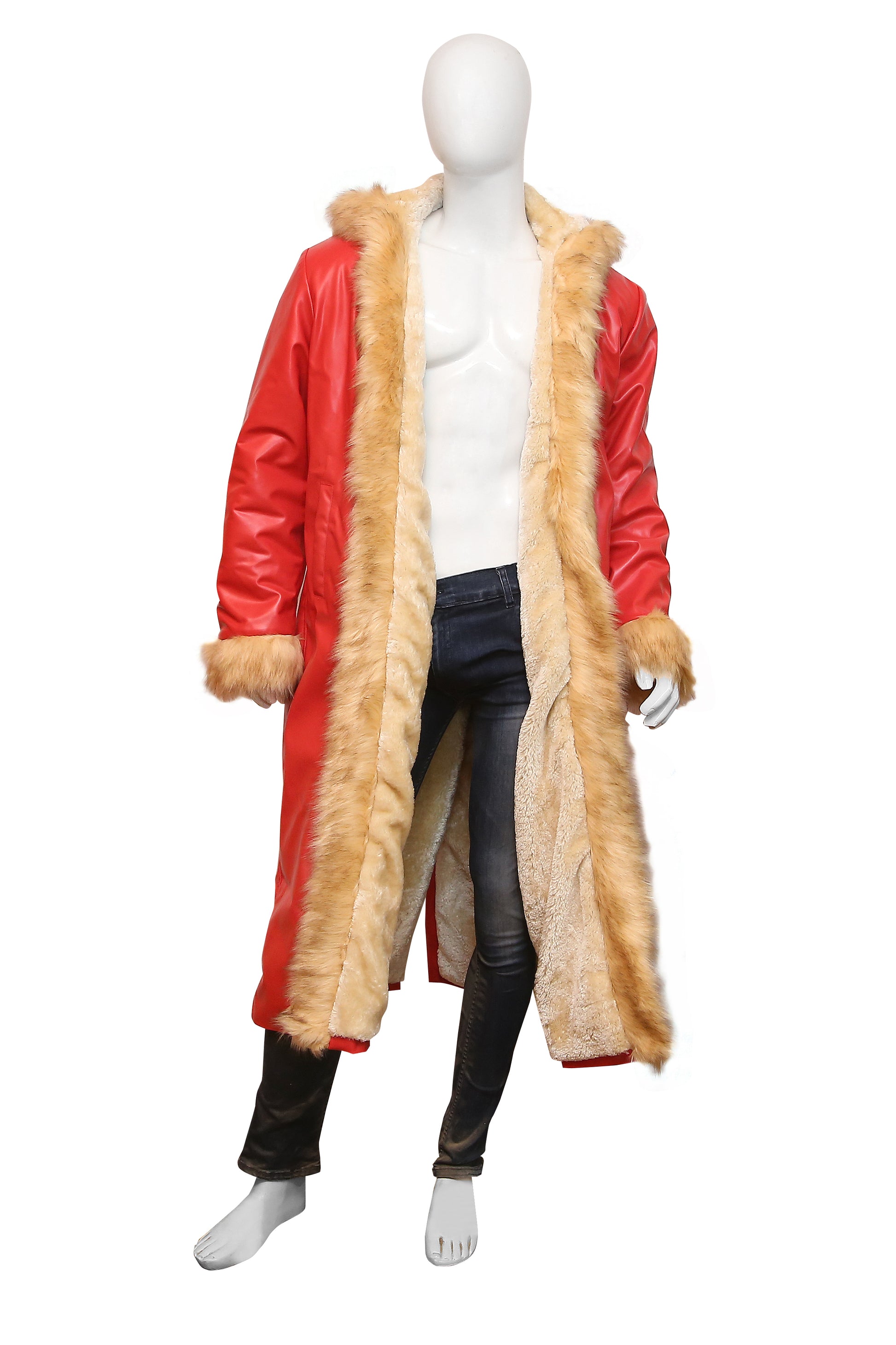 Ho Ho Ho: Premium Men's Santa Claus Fur-Trimmed Red Leather Coat