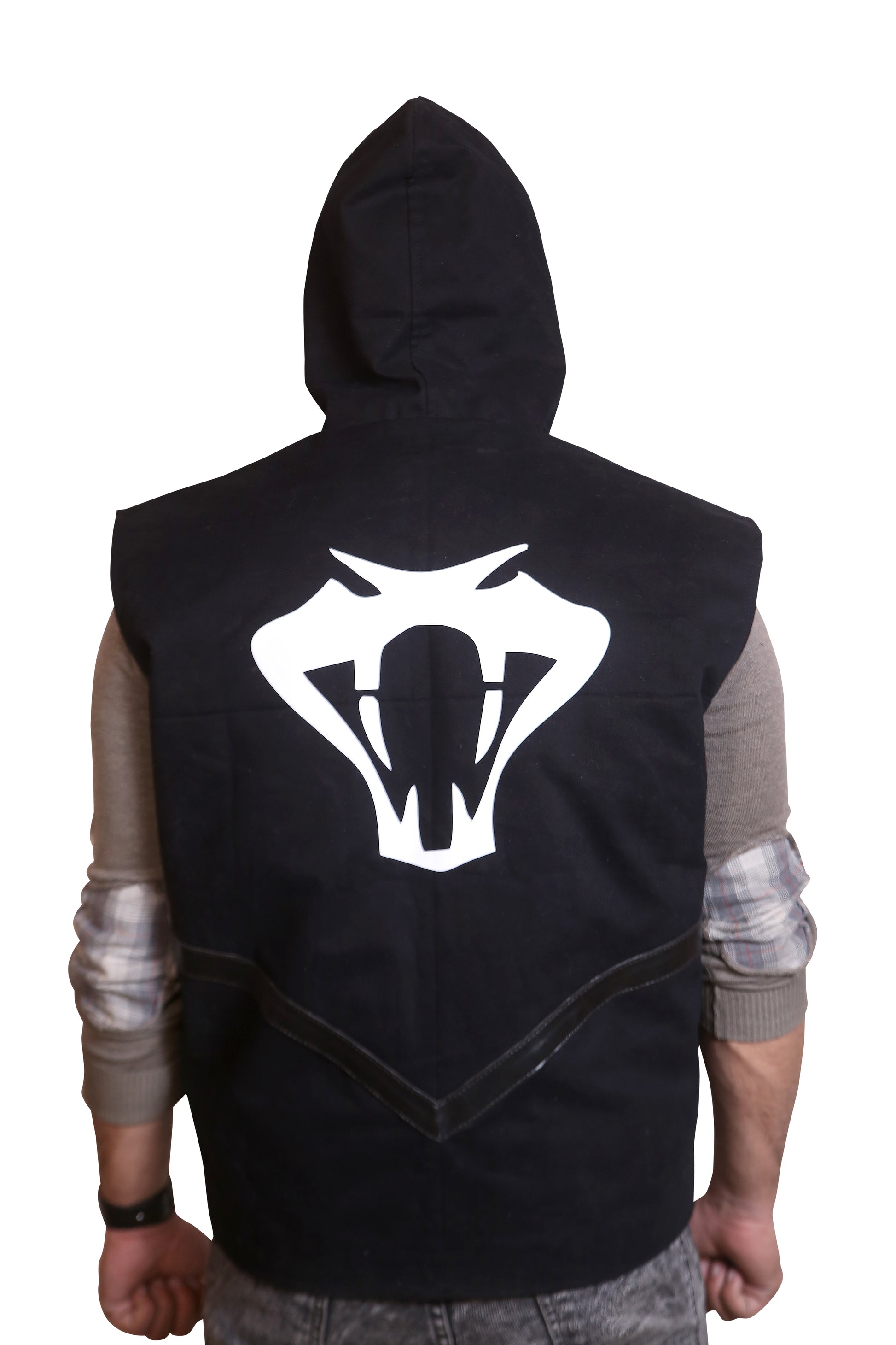 Unleash Your Edge: Distressed Black Leather Biker Jacket with Chevron Stitching