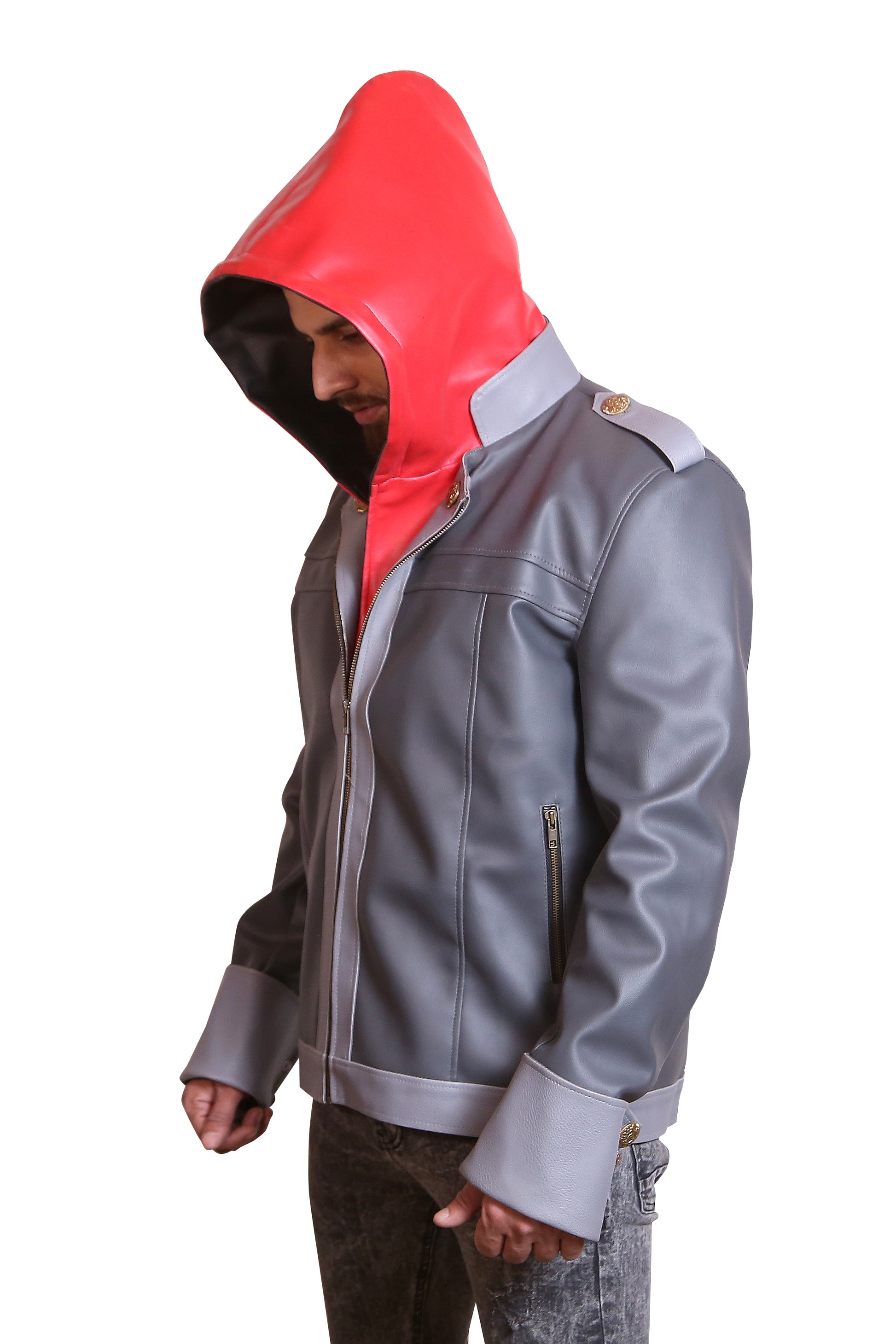 Neku Style Detachable Hooded Faux Leather Jacket