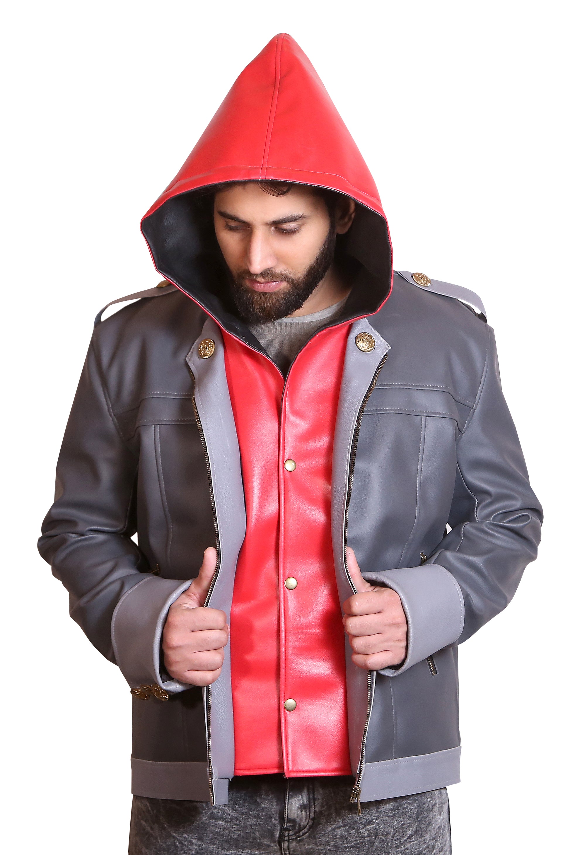 Neku Style Detachable Hooded Faux Leather Jacket