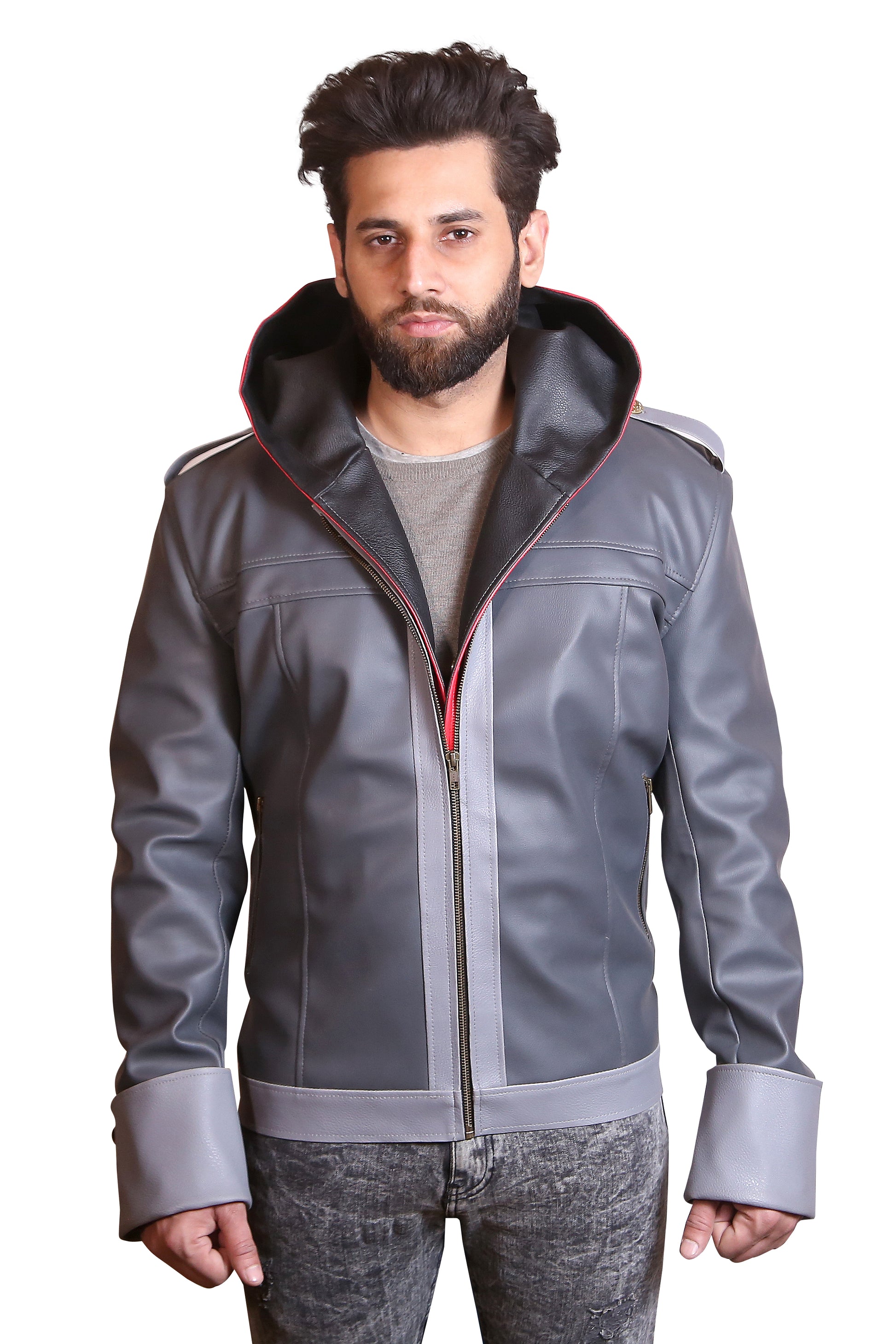 Neku Style Detachable Hooded Faux Leather Jacket