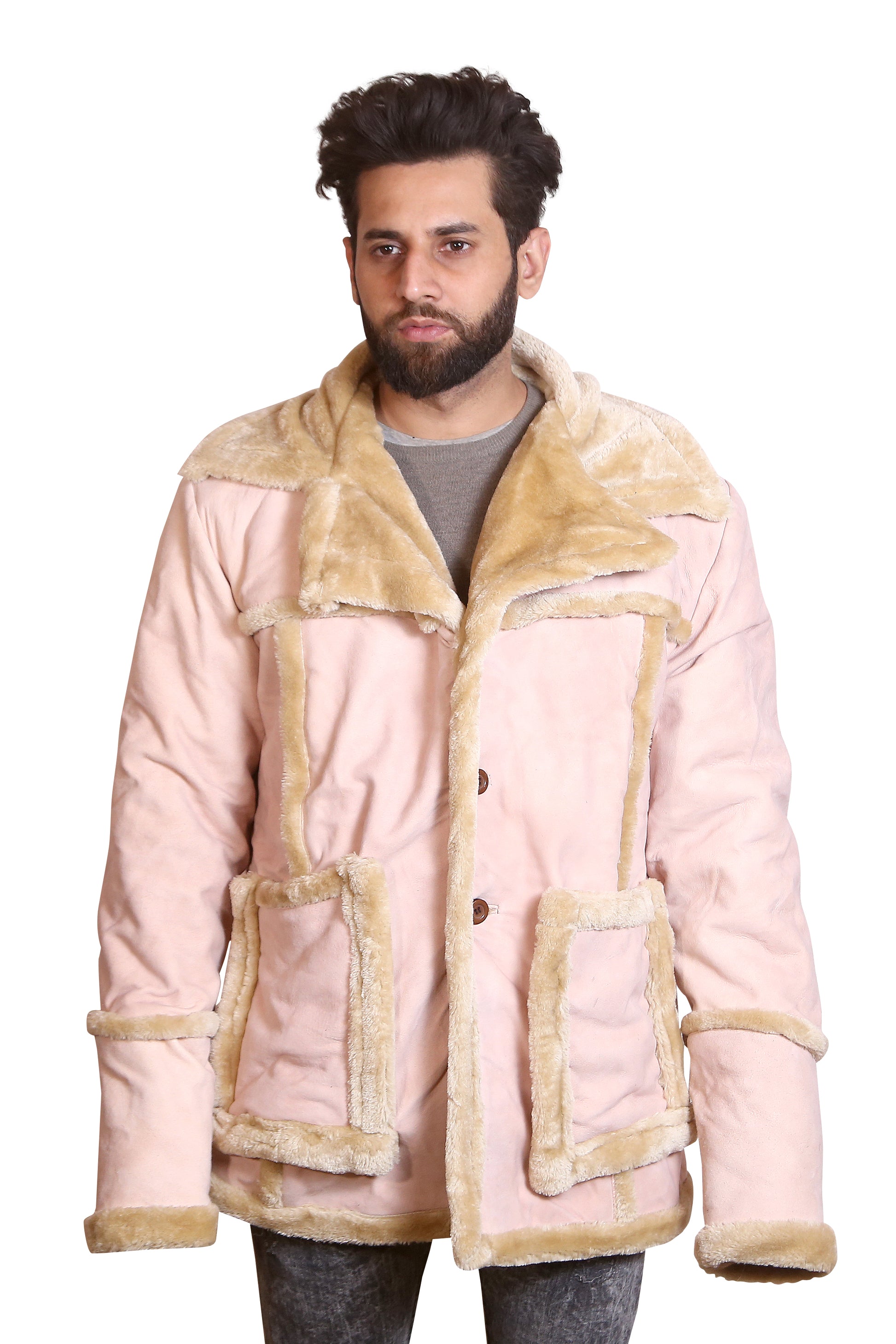 Men's Pink Faux Shearling Suede Coat with Fur Trim