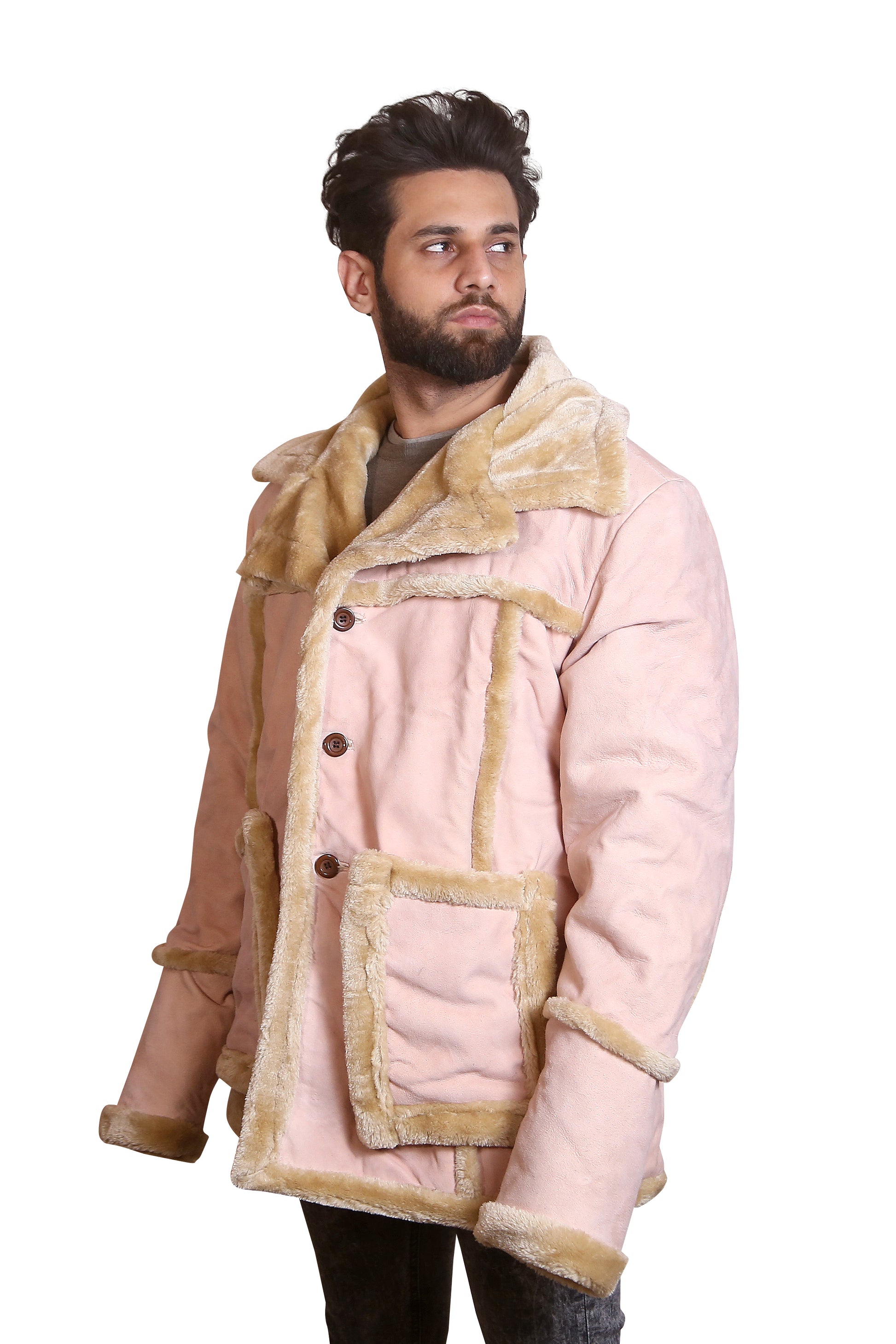 Men's Pink Faux Shearling Suede Coat with Fur Trim