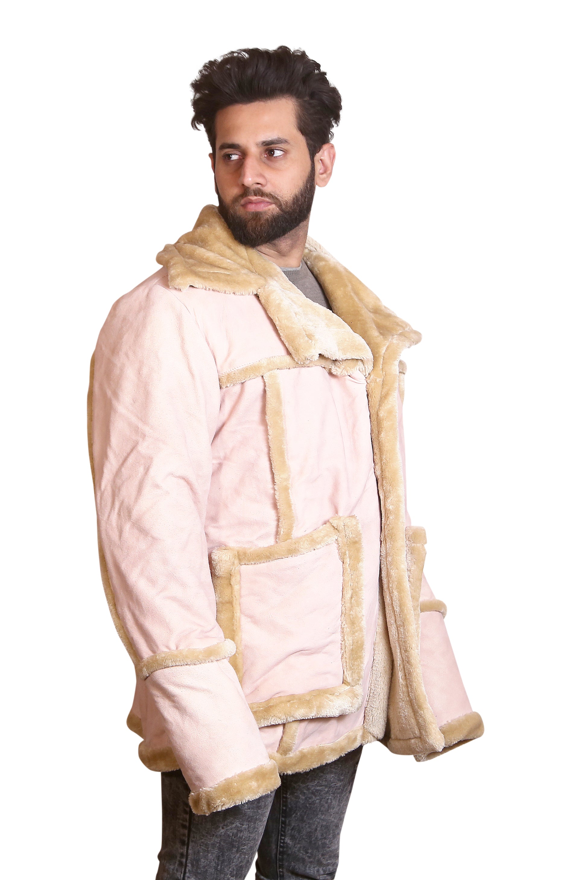 Men's Pink Faux Shearling Suede Coat with Fur Trim