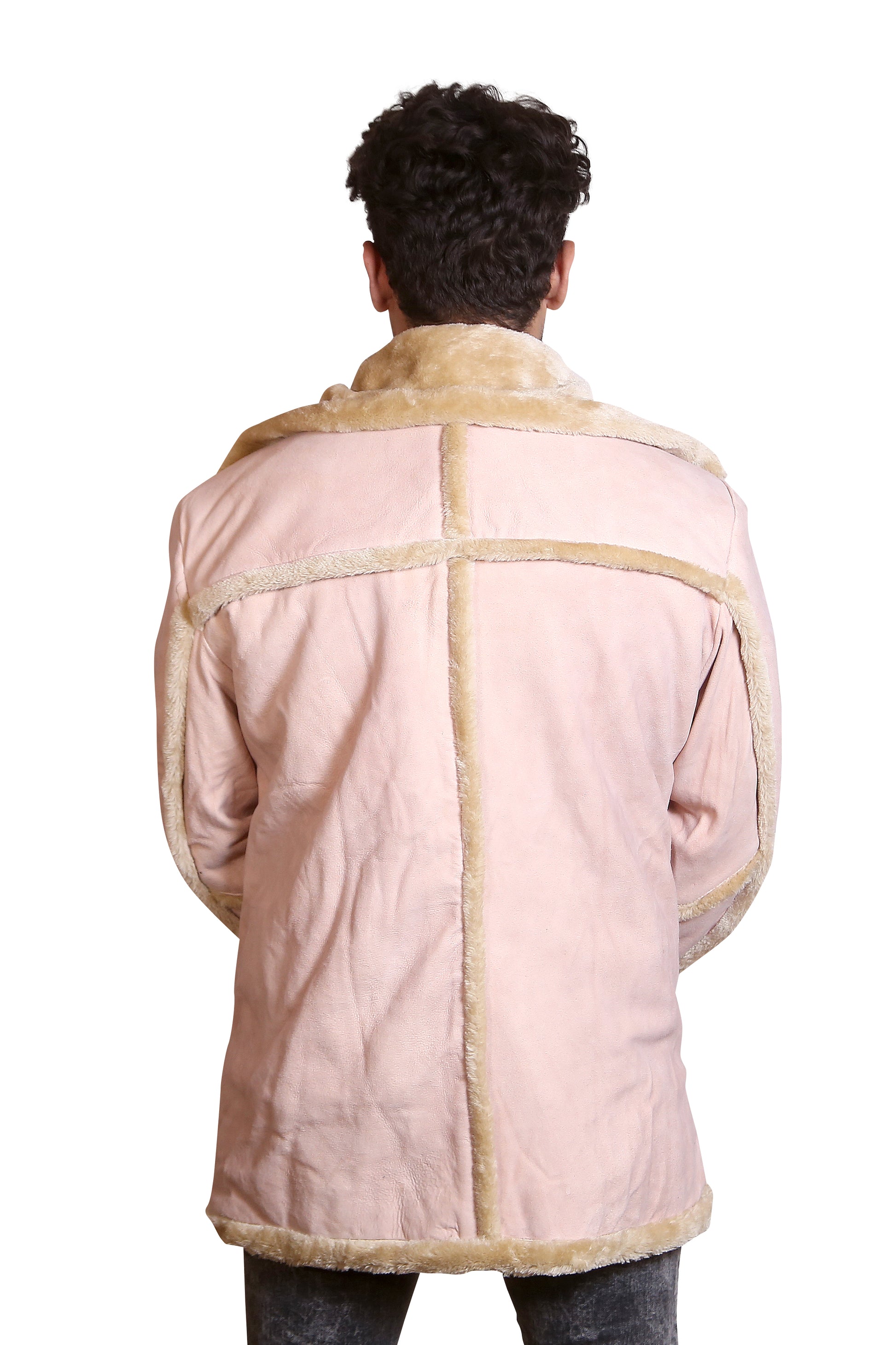 Men's Pink Faux Shearling Suede Coat with Fur Trim