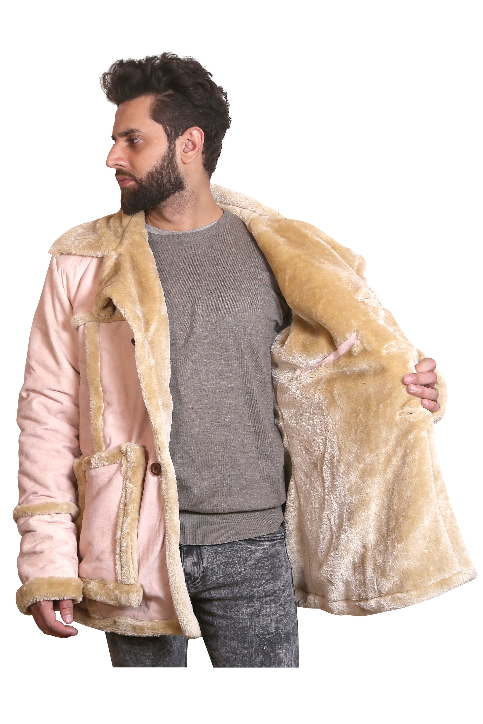 Men's Pink Faux Shearling Suede Coat with Fur Trim