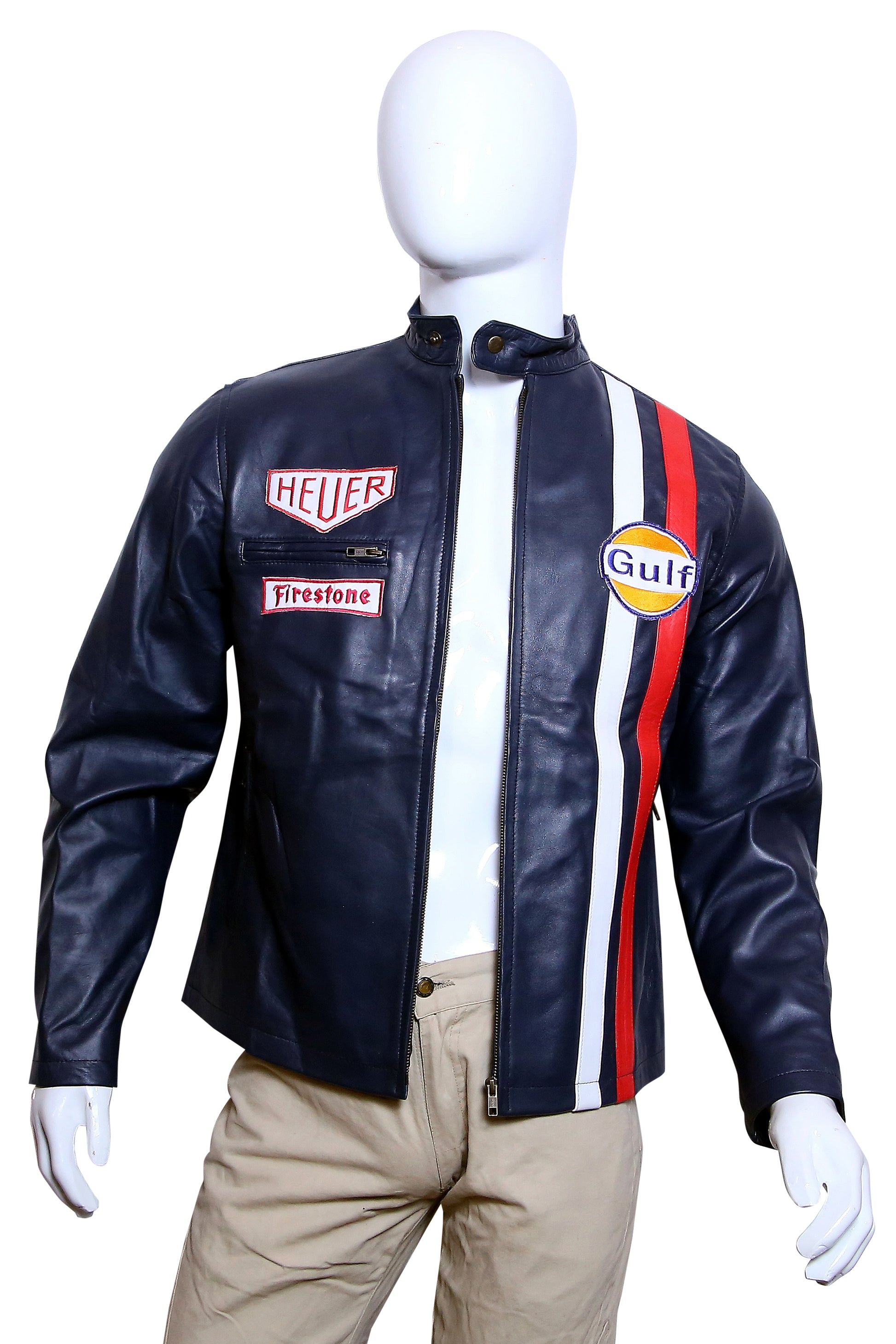 Le Mans Legend: Men's Gulf Racing Navy Leather Jacket with Heuer Patches
