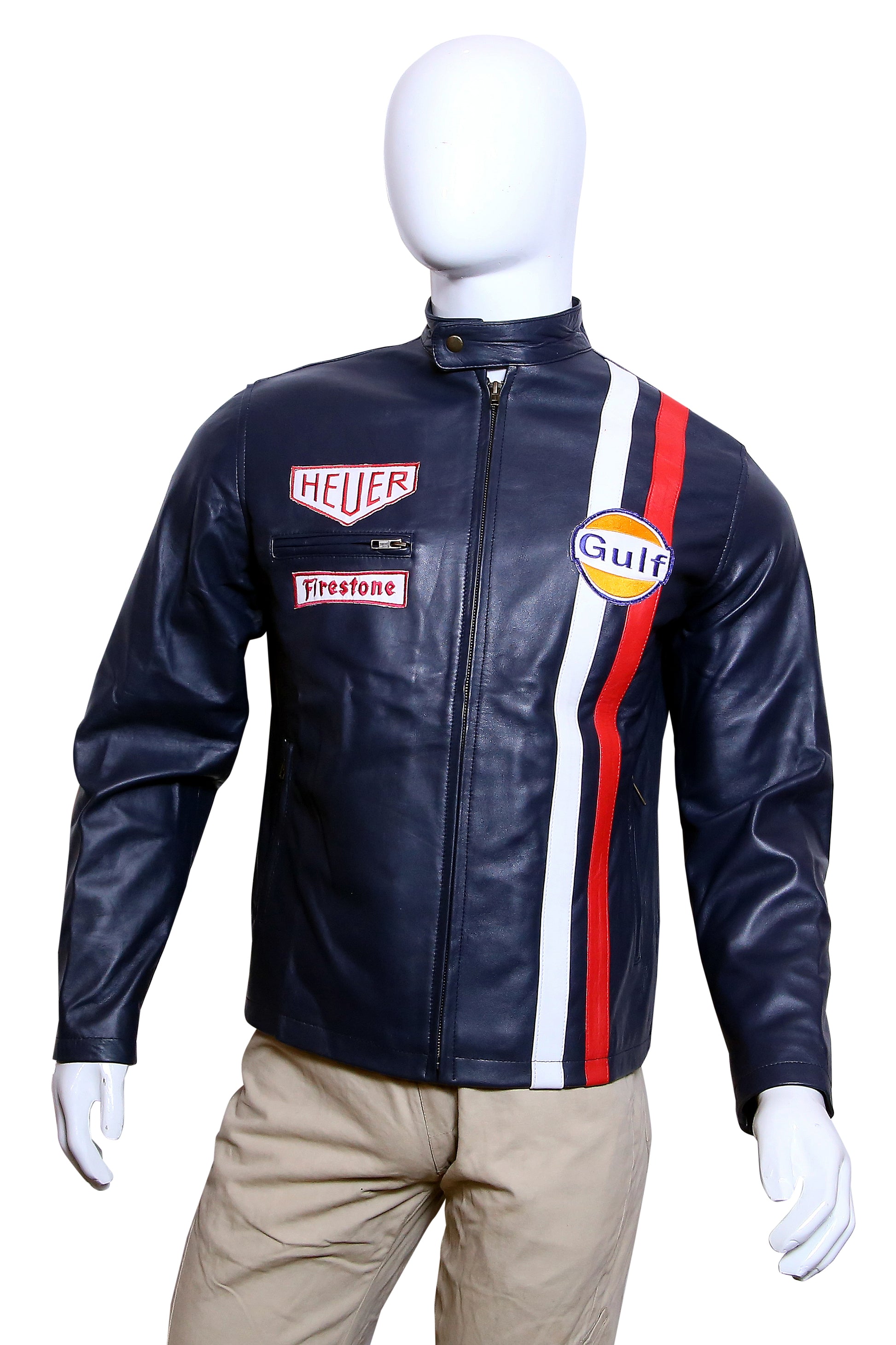 Le Mans Legend: Men's Gulf Racing Navy Leather Jacket with Heuer Patches