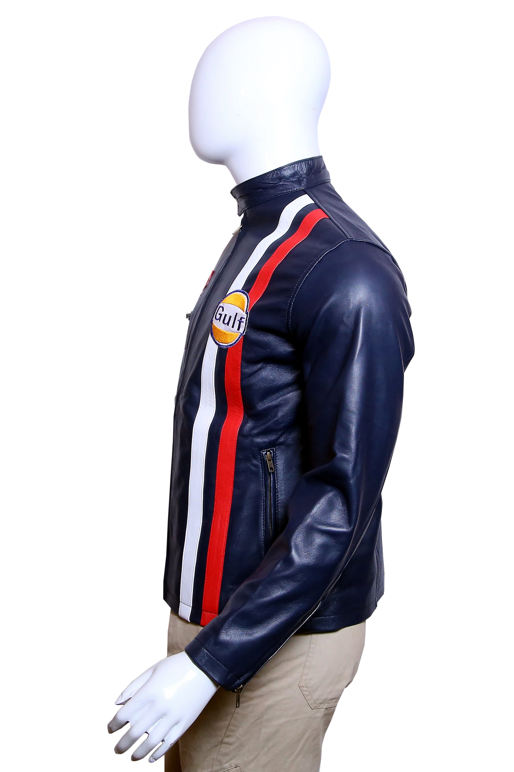 Le Mans Legend: Men's Gulf Racing Navy Leather Jacket with Heuer Patches