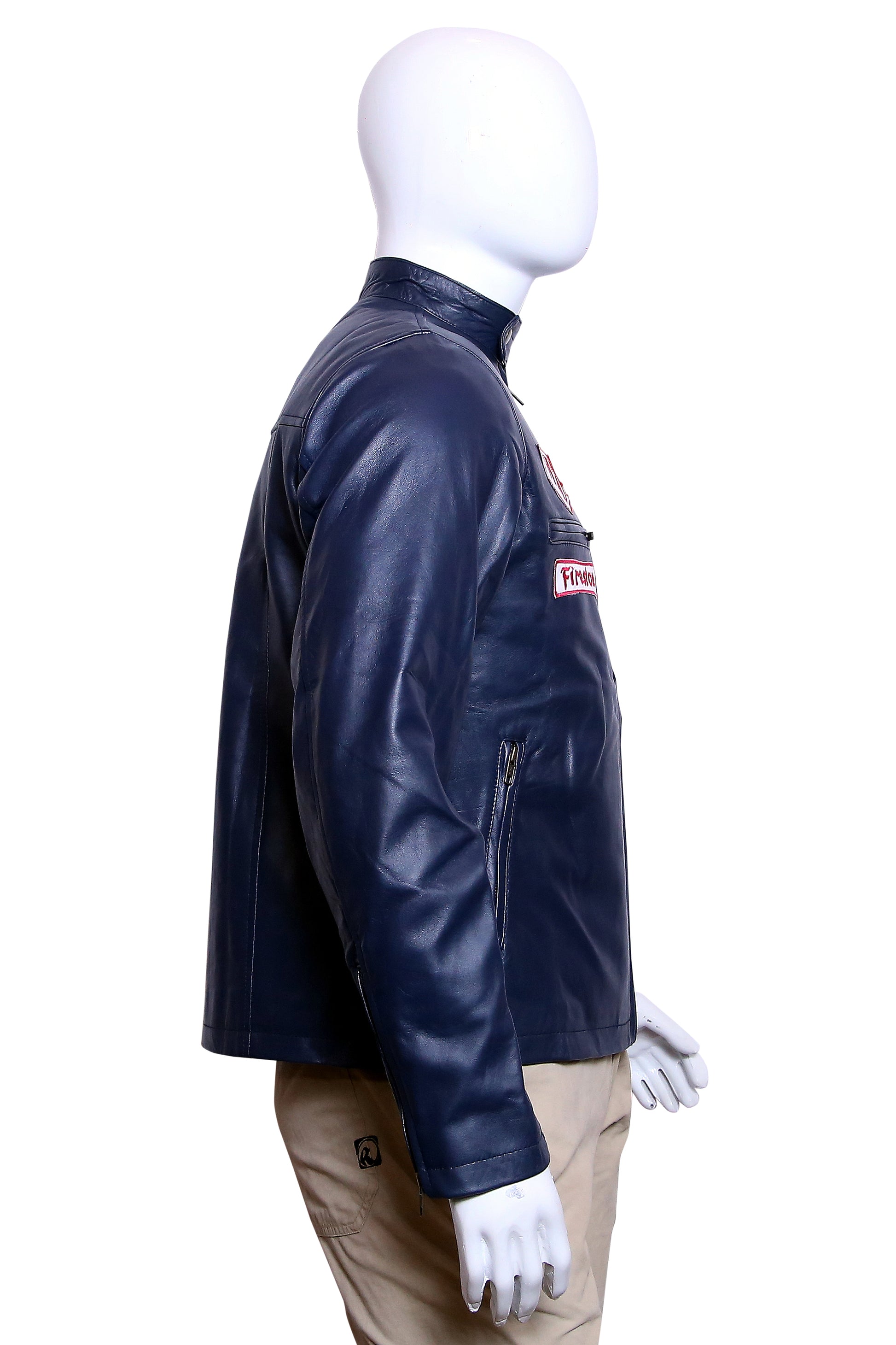 Le Mans Legend: Men's Gulf Racing Navy Leather Jacket with Heuer Patches