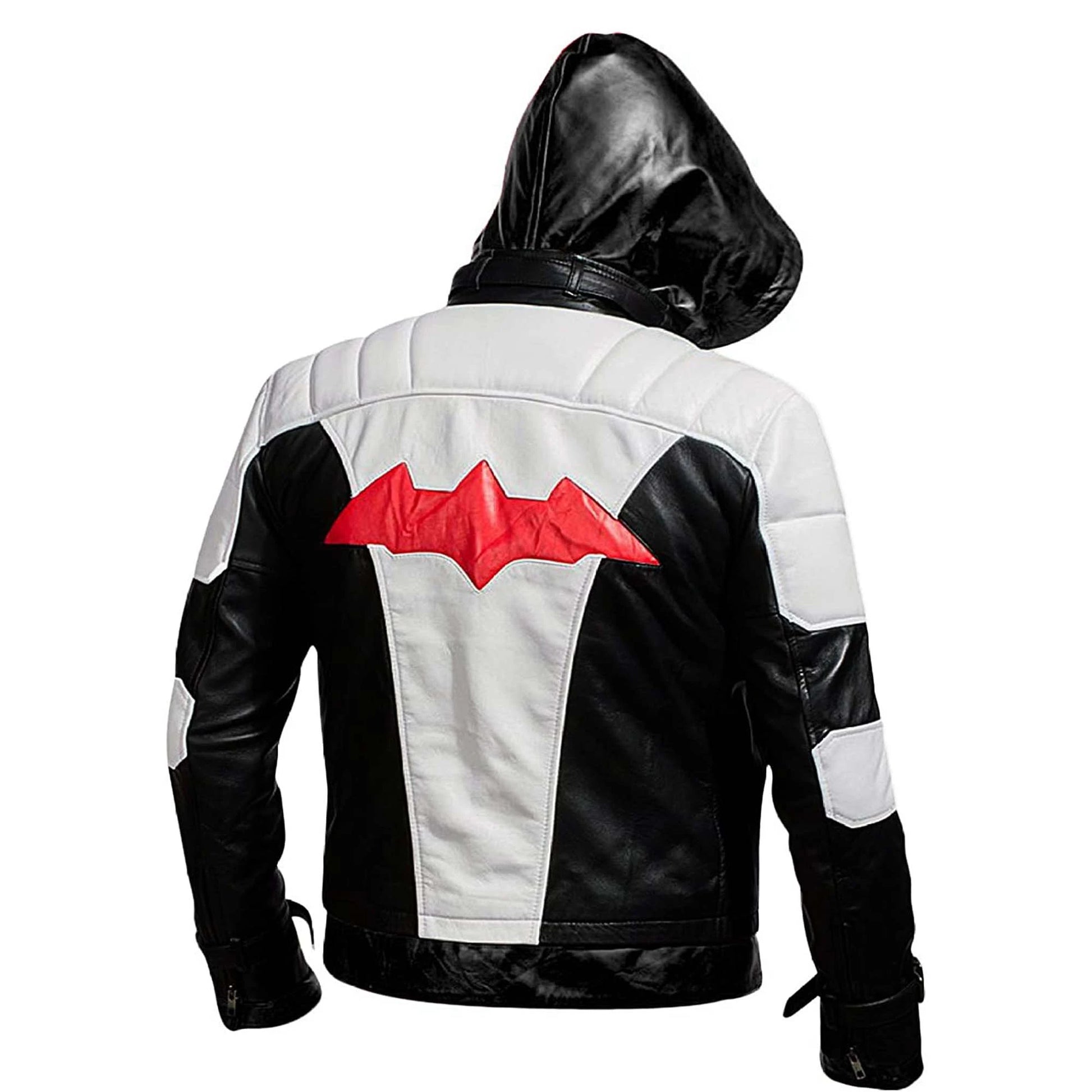 Red Hood Black & White Hooded Leather Biker Jacket