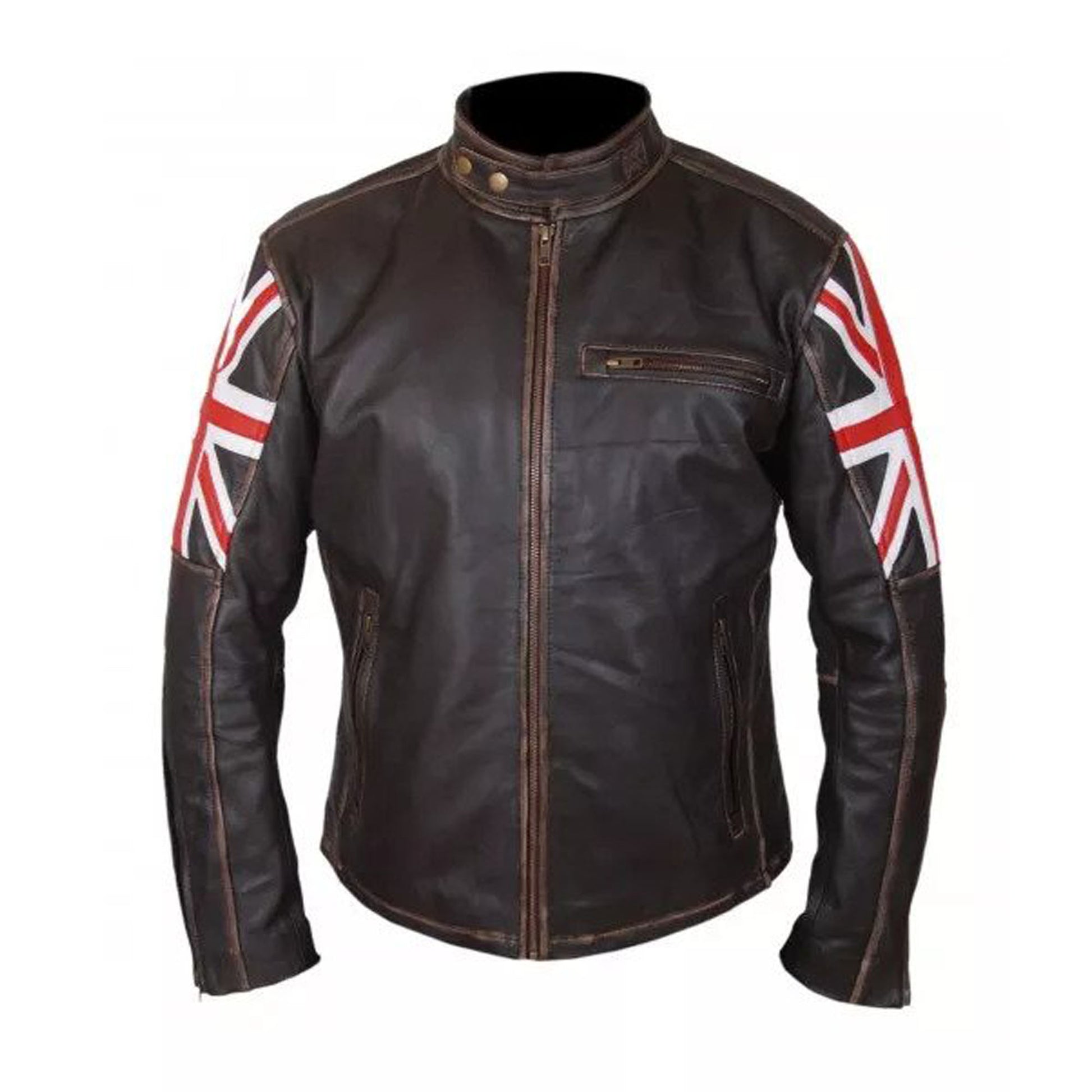 British Edge: Men's Distressed Leather Cafe Racer Jacket with Union Jack Sleeves