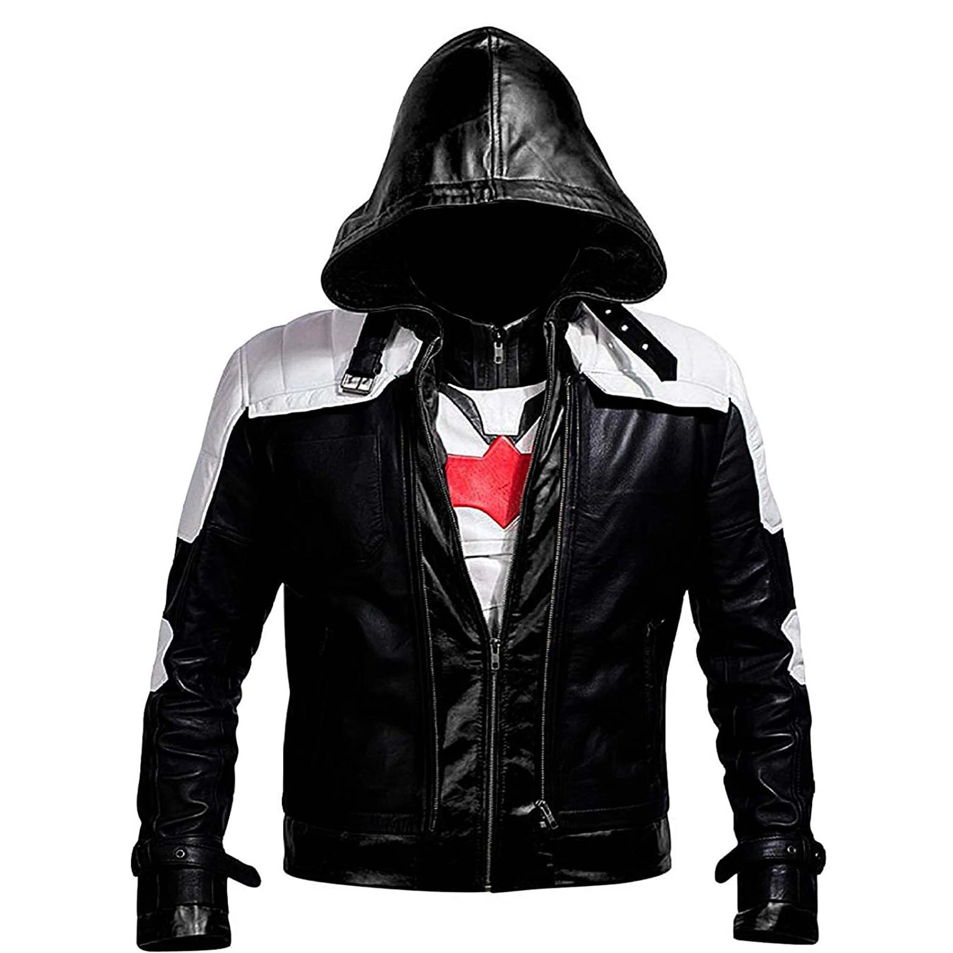 Red Hood Black & White Hooded Leather Biker Jacket