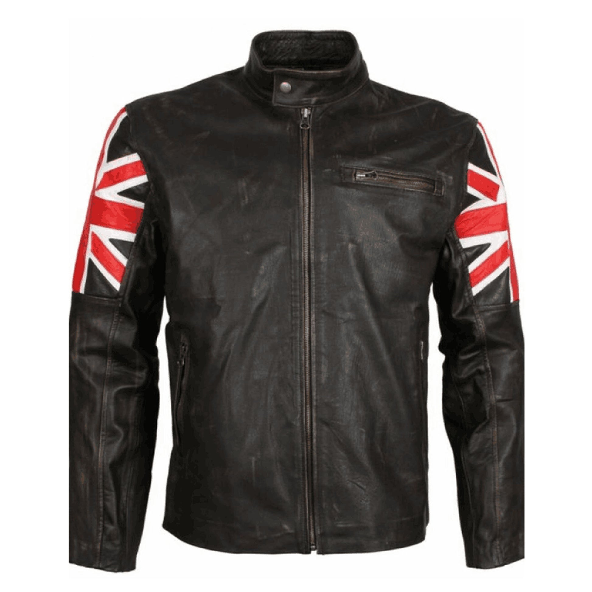 British Edge: Men's Distressed Leather Cafe Racer Jacket with Union Jack Sleeves