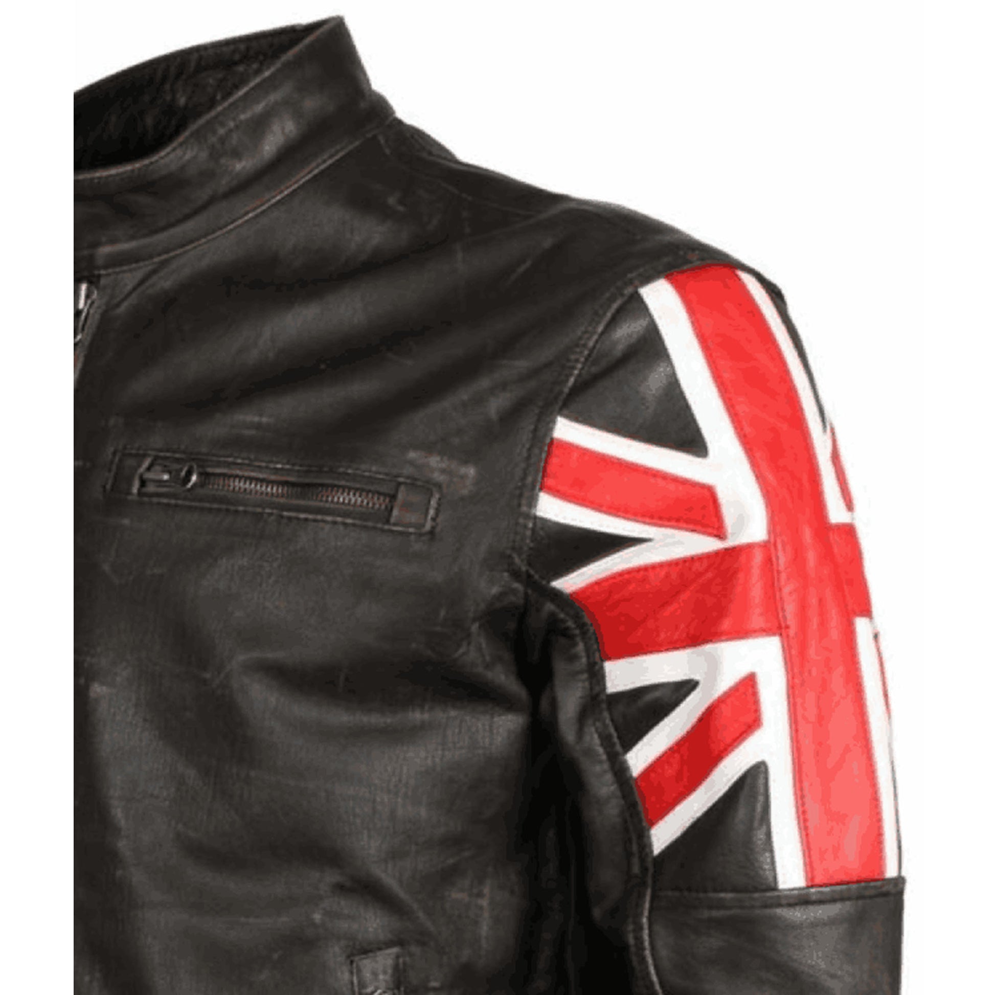 British Edge: Men's Distressed Leather Cafe Racer Jacket with Union Jack Sleeves